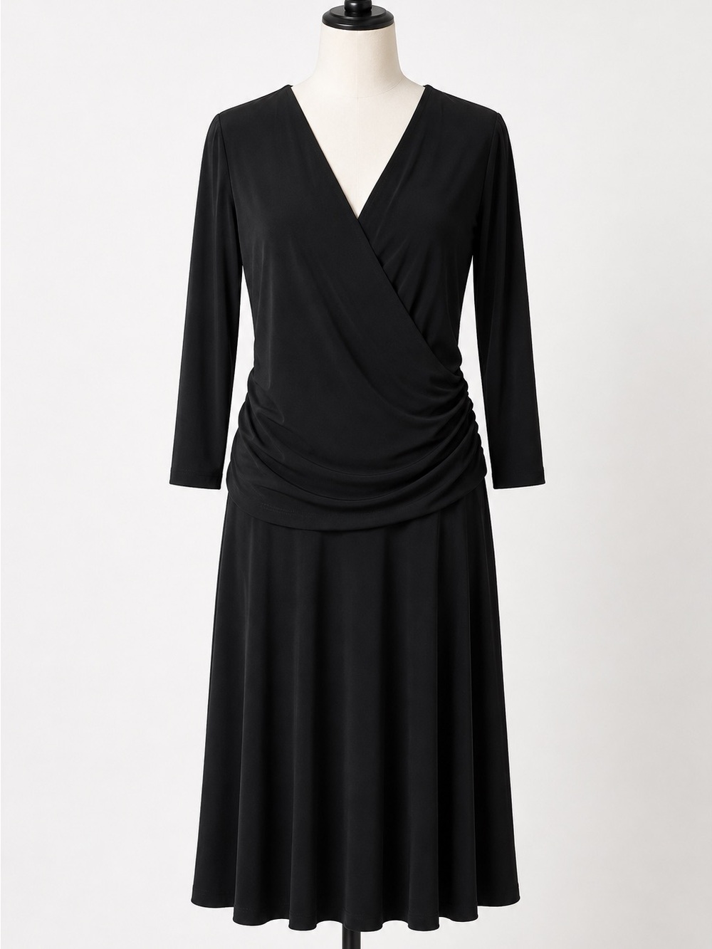Black Dress V Neck MIDI Cross Bodice Modest LBD Minimalist 3/4 Sleeve Cocktail